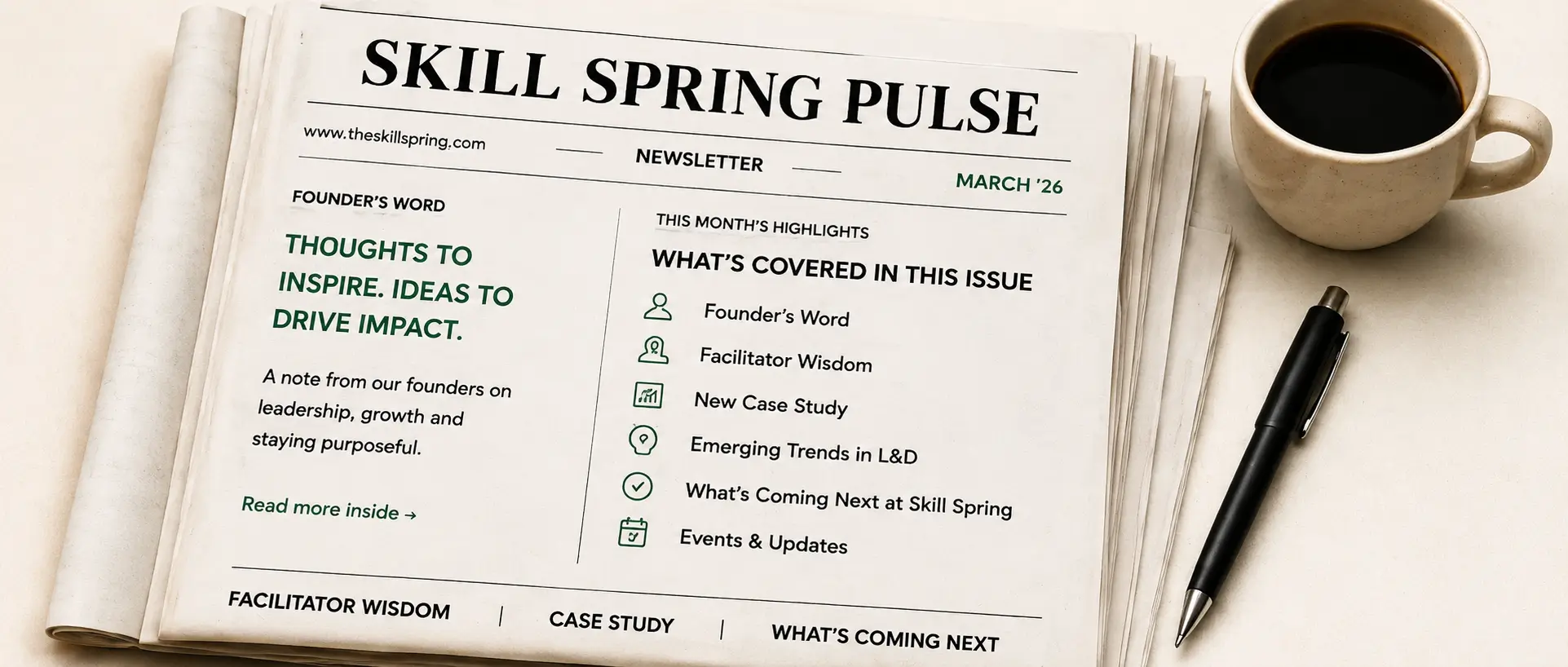 Skill Spring Pulse newsletter on a desk with a coffee cup and pen